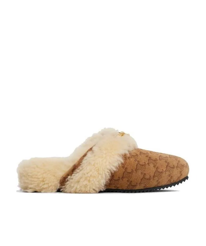 Fur Slides Triomphe Closed Slipper In Suede Calfskin And Shearling