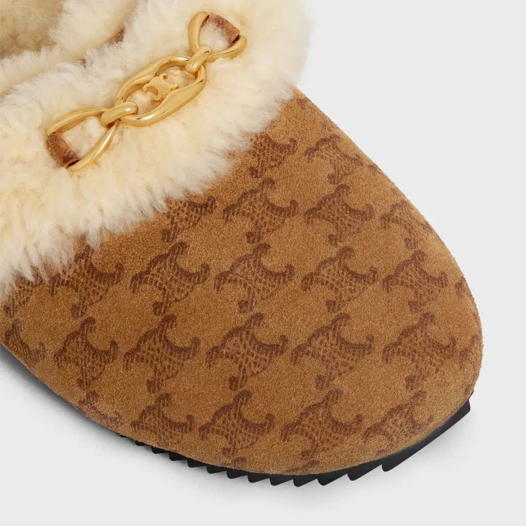 Fur Slides Triomphe Closed Slipper In Suede Calfskin And Shearling