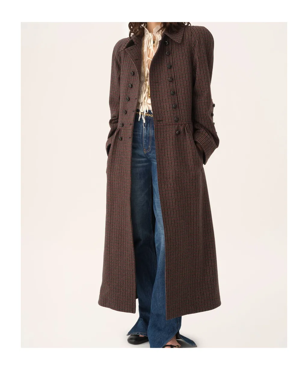 Double-Breasted Houndstooth Riding Coat