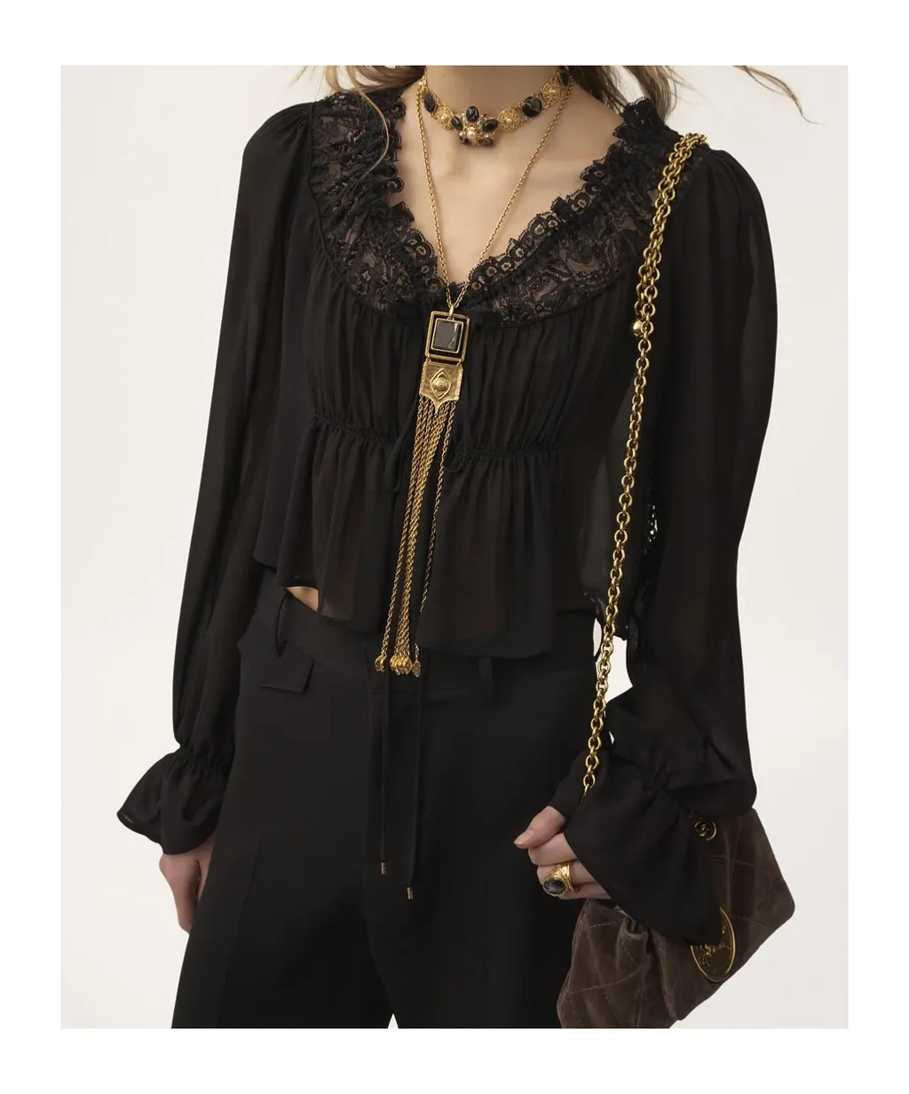 Lace-Trimmed Pleated Blouse