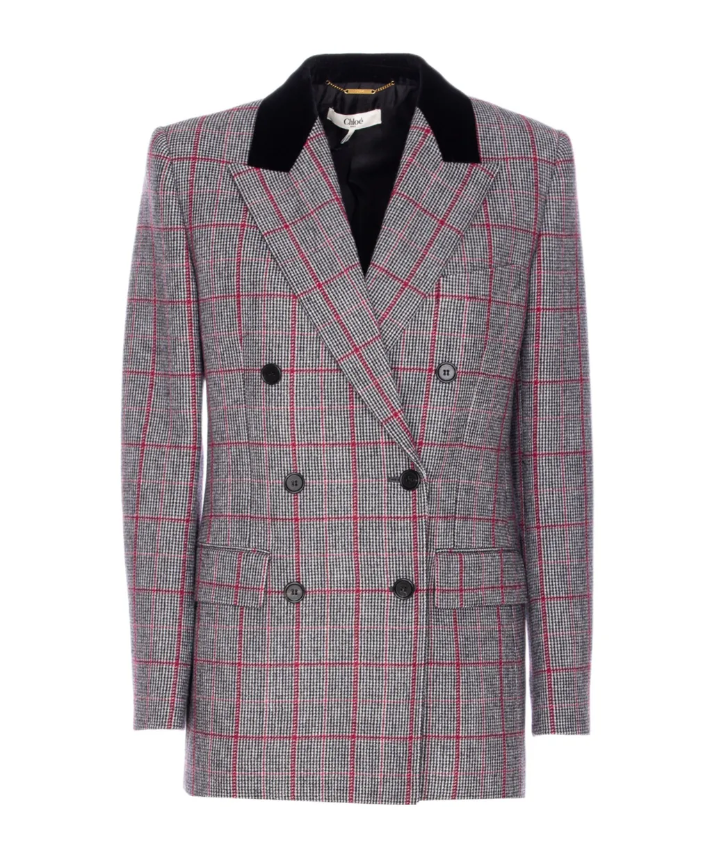 Tartan Motif Double-Breasted Blazer
