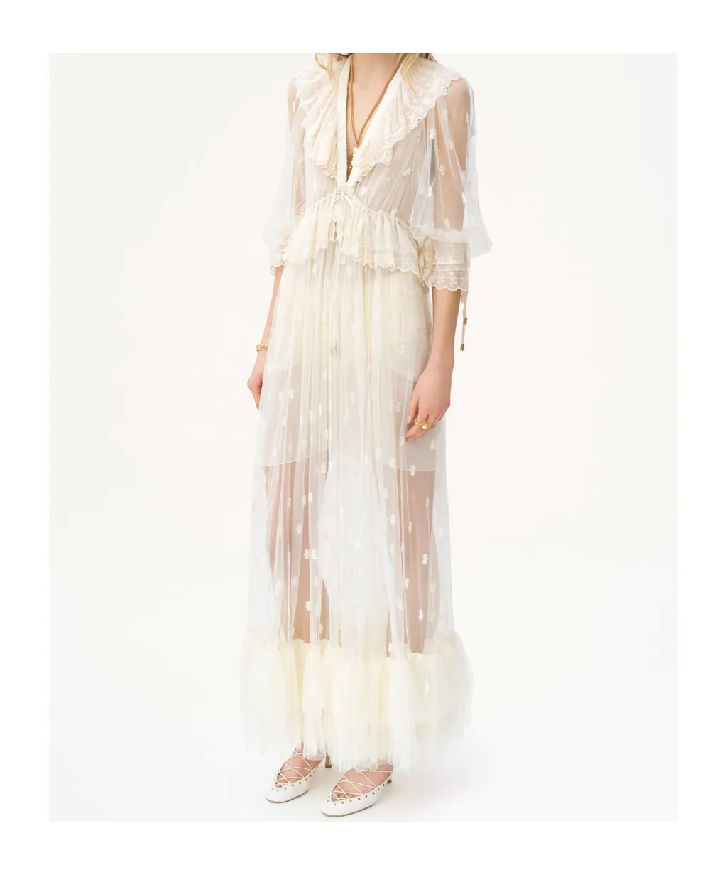 Gathered V-Neck Long Dress In Embroidered Lace