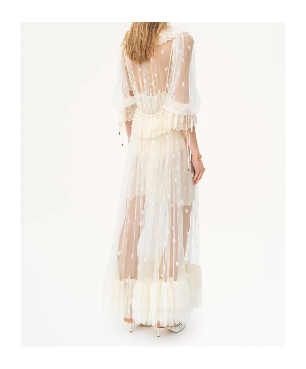 Gathered V-Neck Long Dress In Embroidered Lace