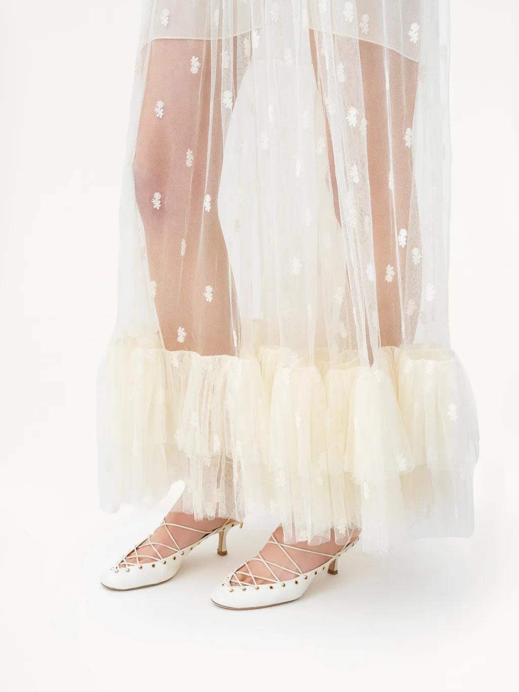 Gathered V-Neck Long Dress In Embroidered Lace
