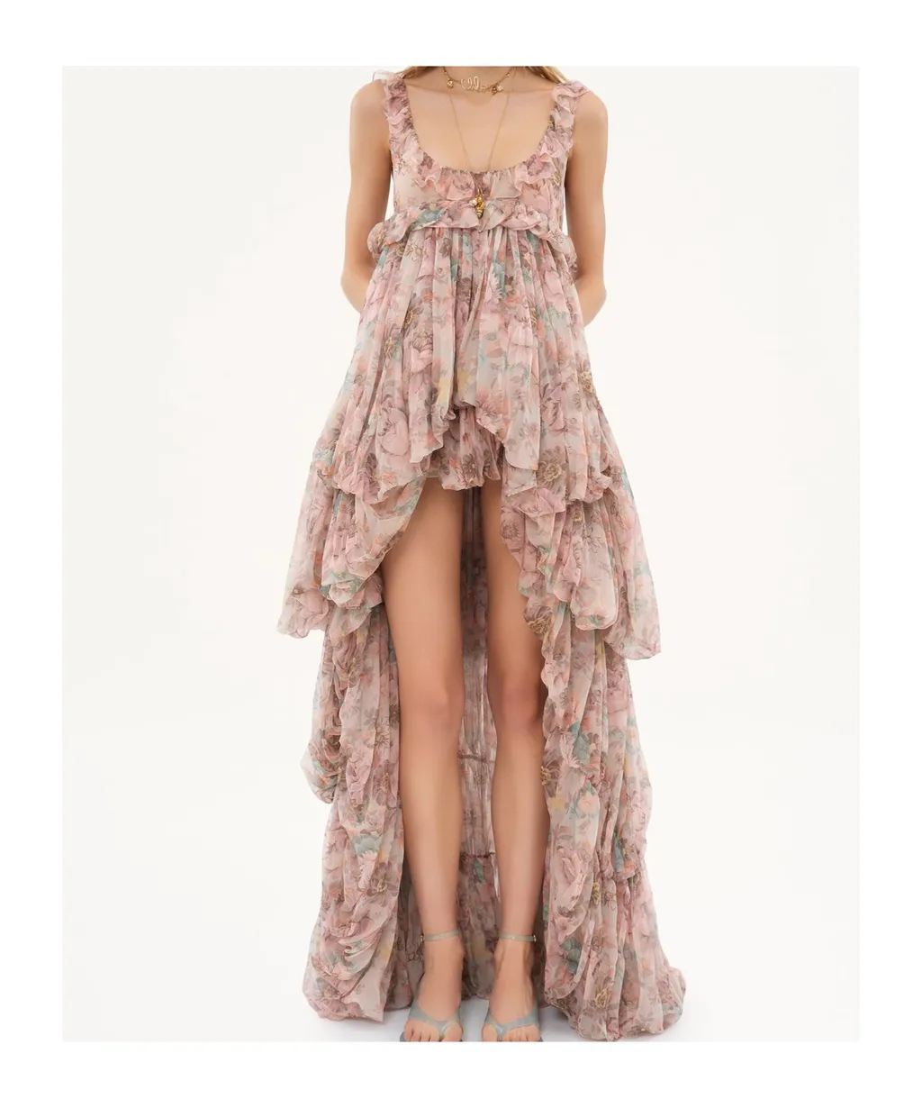 Allover Floral Printed High-Low Ruffled Dress