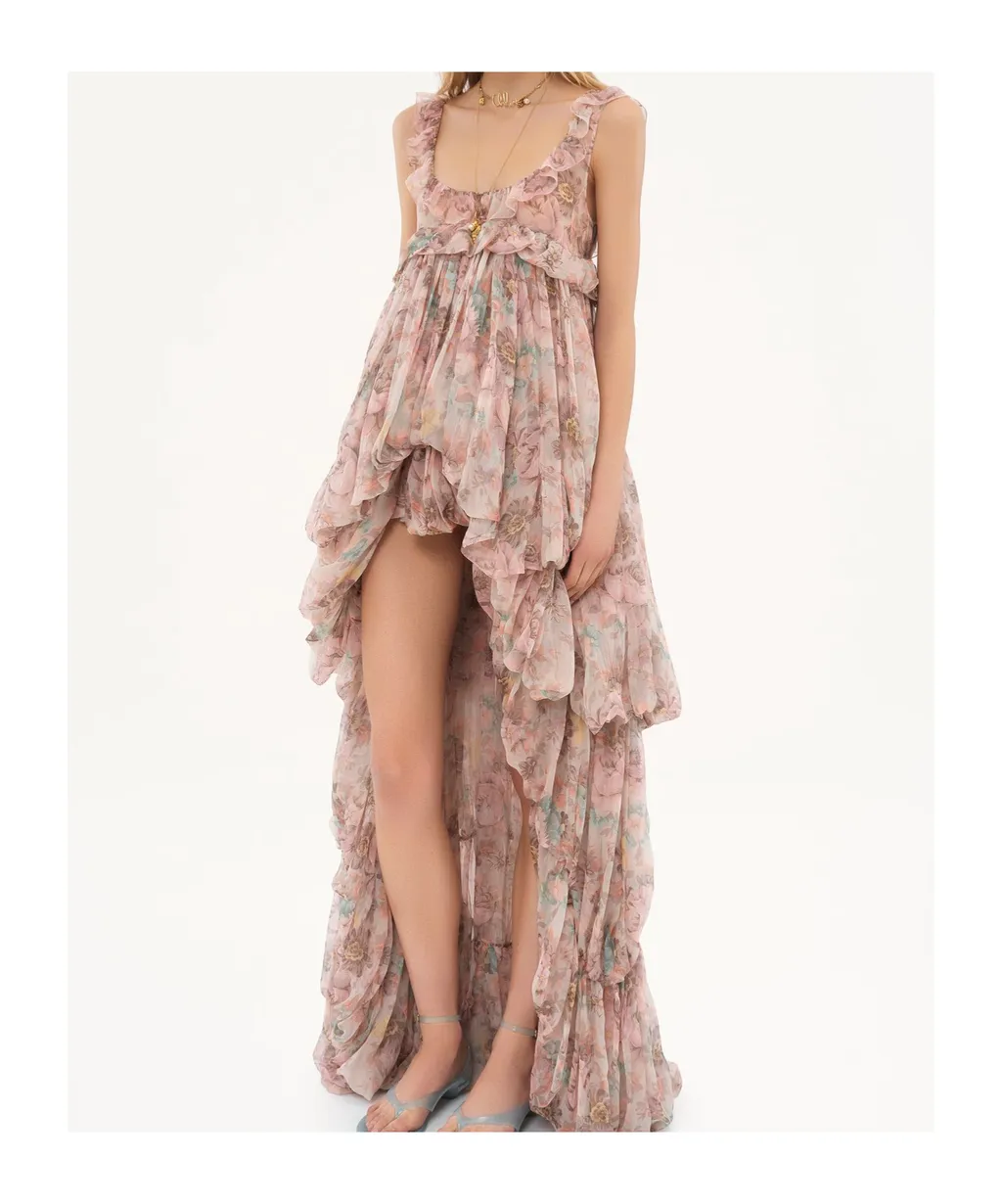 Allover Floral Printed High-Low Ruffled Dress