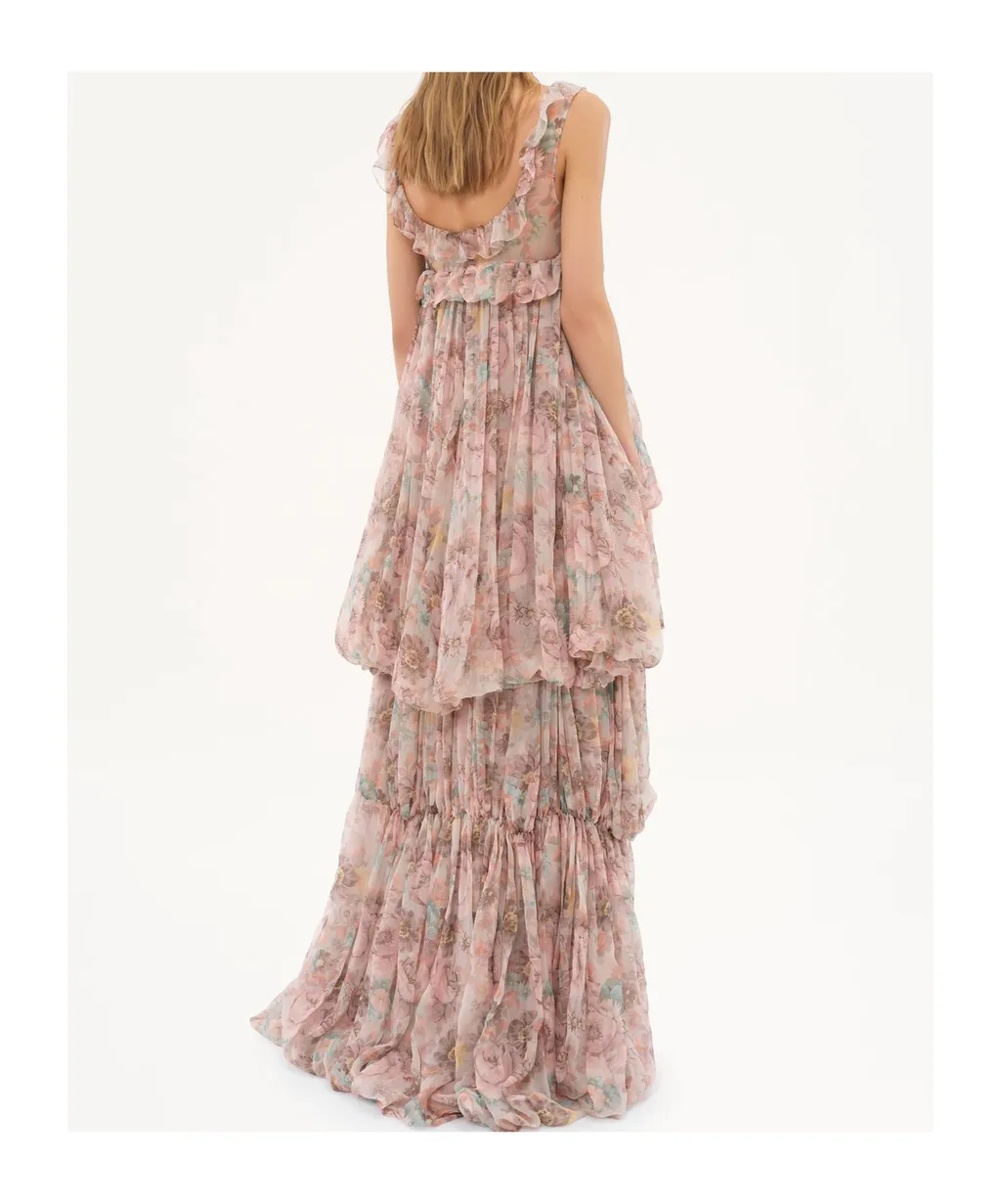 Allover Floral Printed High-Low Ruffled Dress