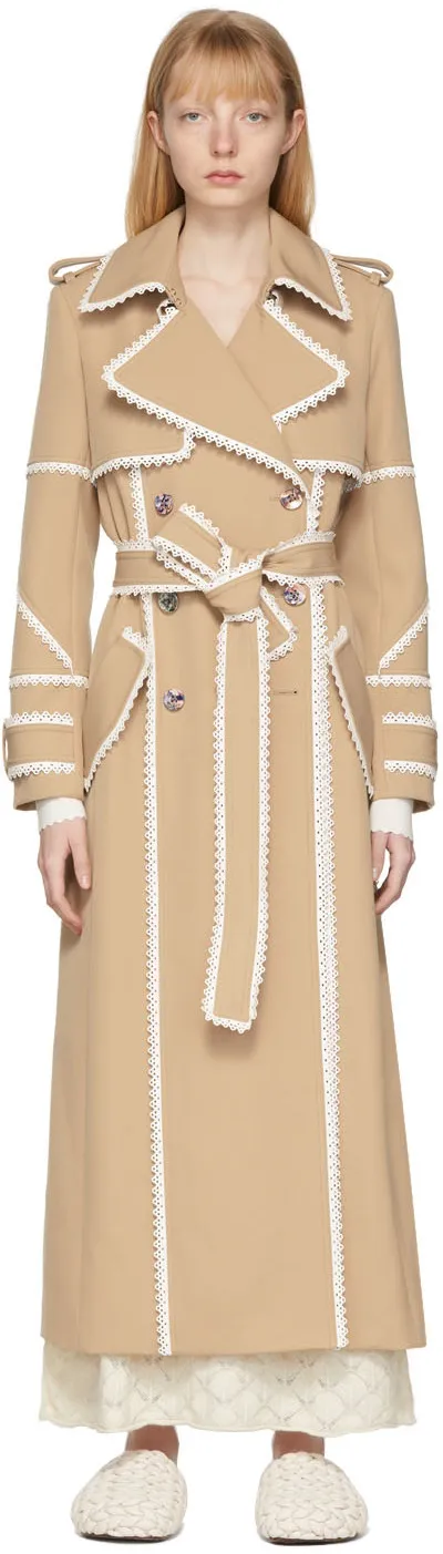 Scallop-Trim Belted Trench Coat