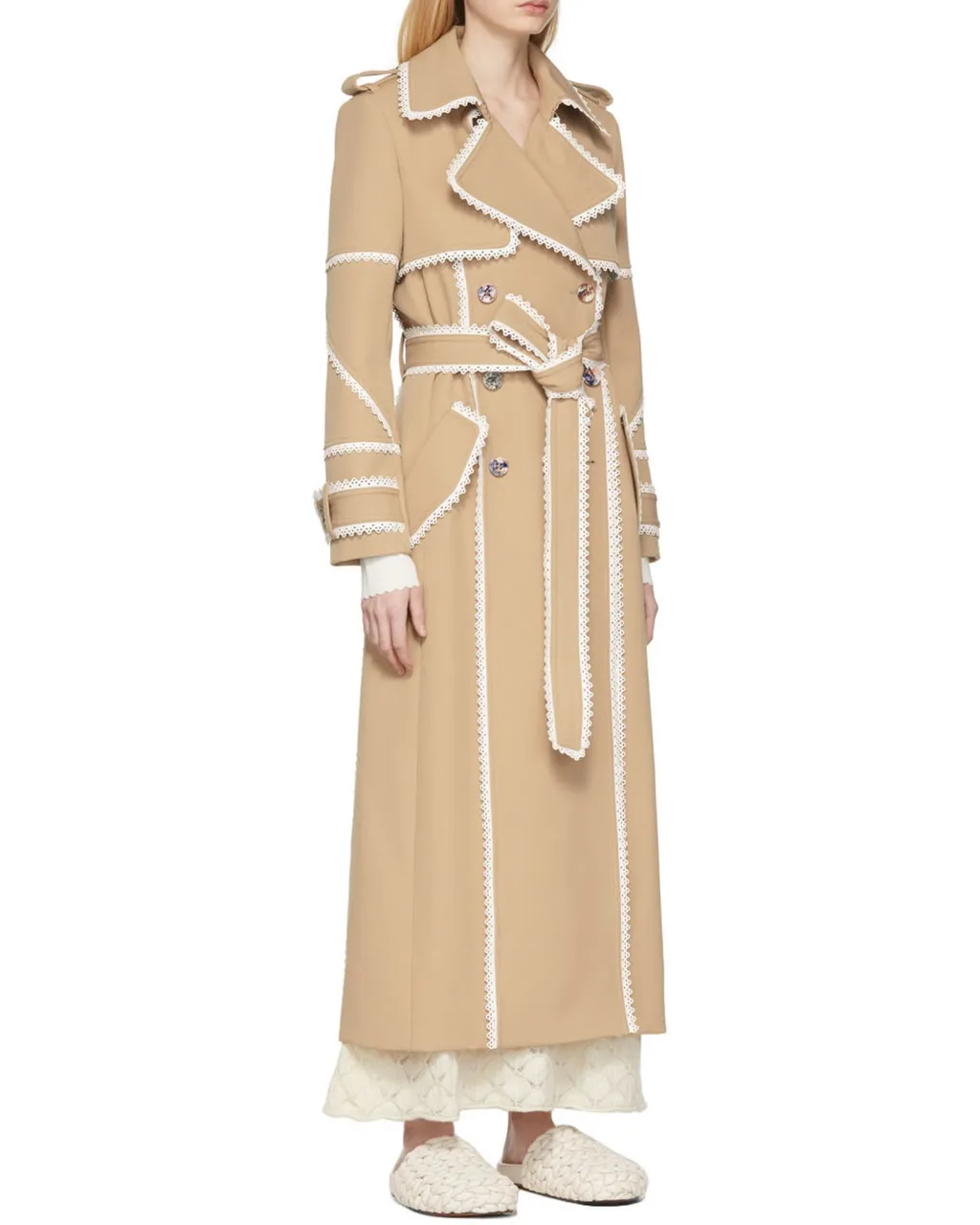 Scallop-Trim Belted Trench Coat