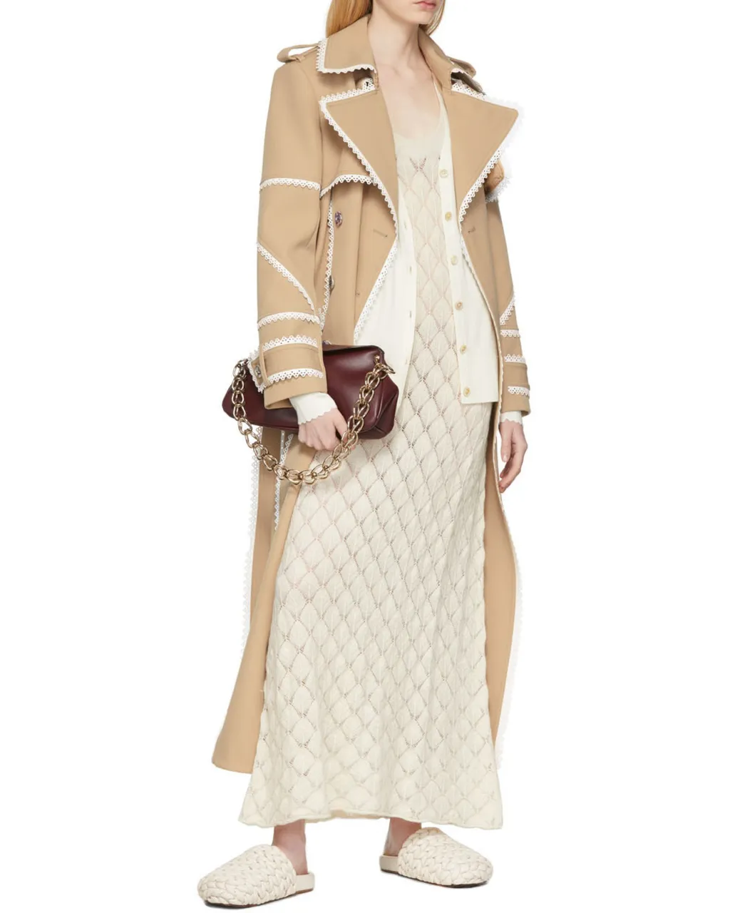 Scallop-Trim Belted Trench Coat