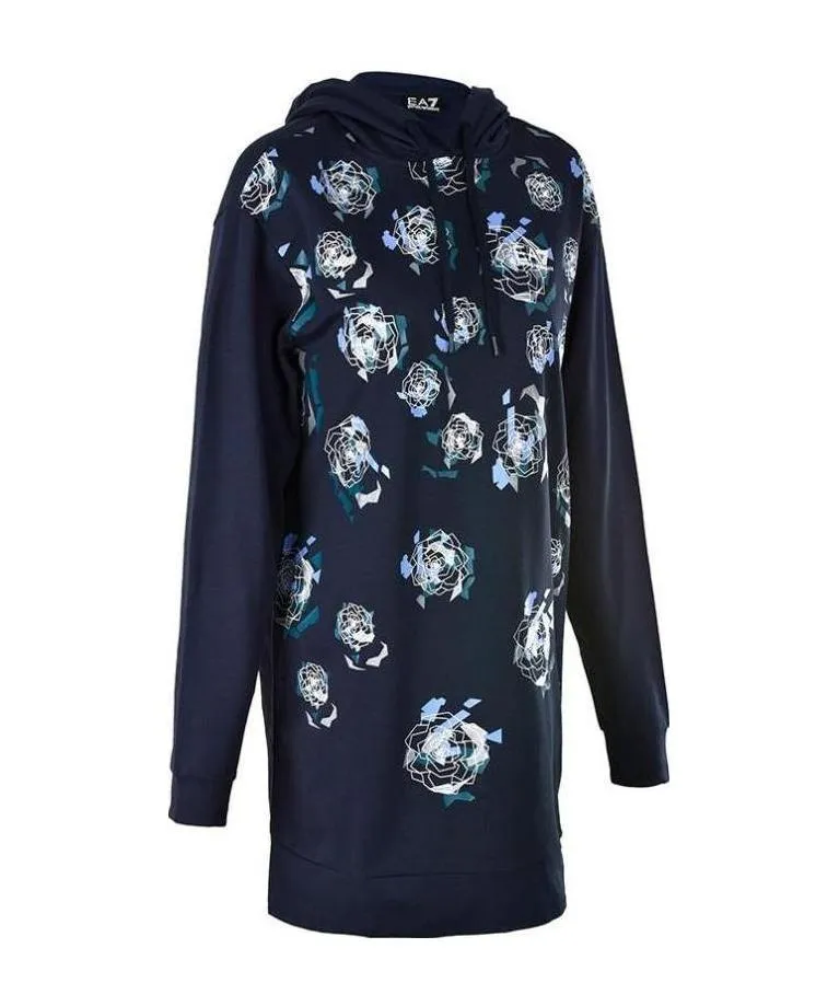 Navy Blue Floral Pattern Hooded Long Sweater