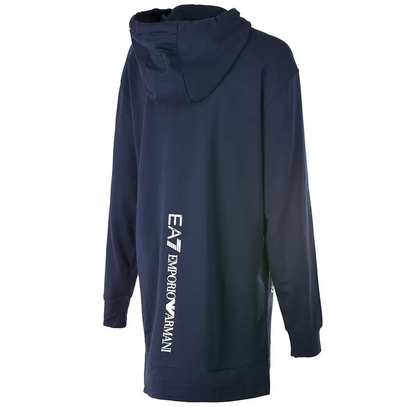 Navy Blue Floral Pattern Hooded Long Sweater