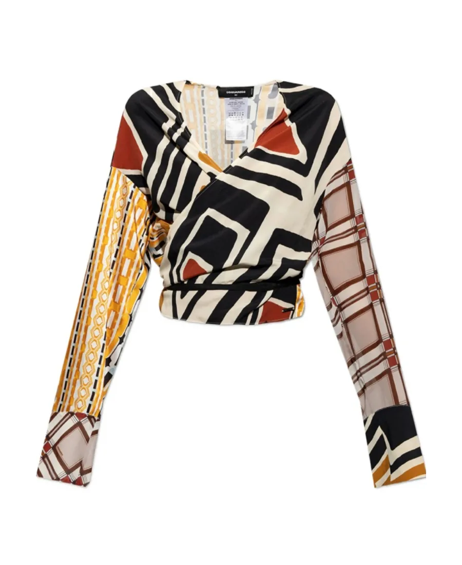 Geometric-Printed V-Neck Blouse