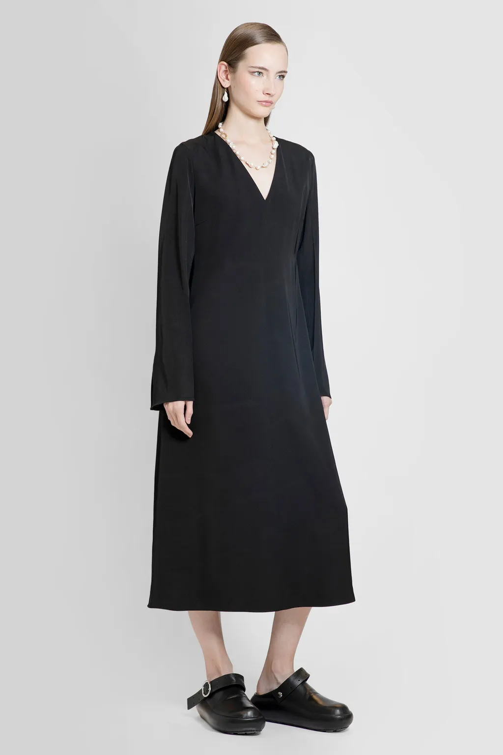 V-Neck Long-Sleeved Midi Dress