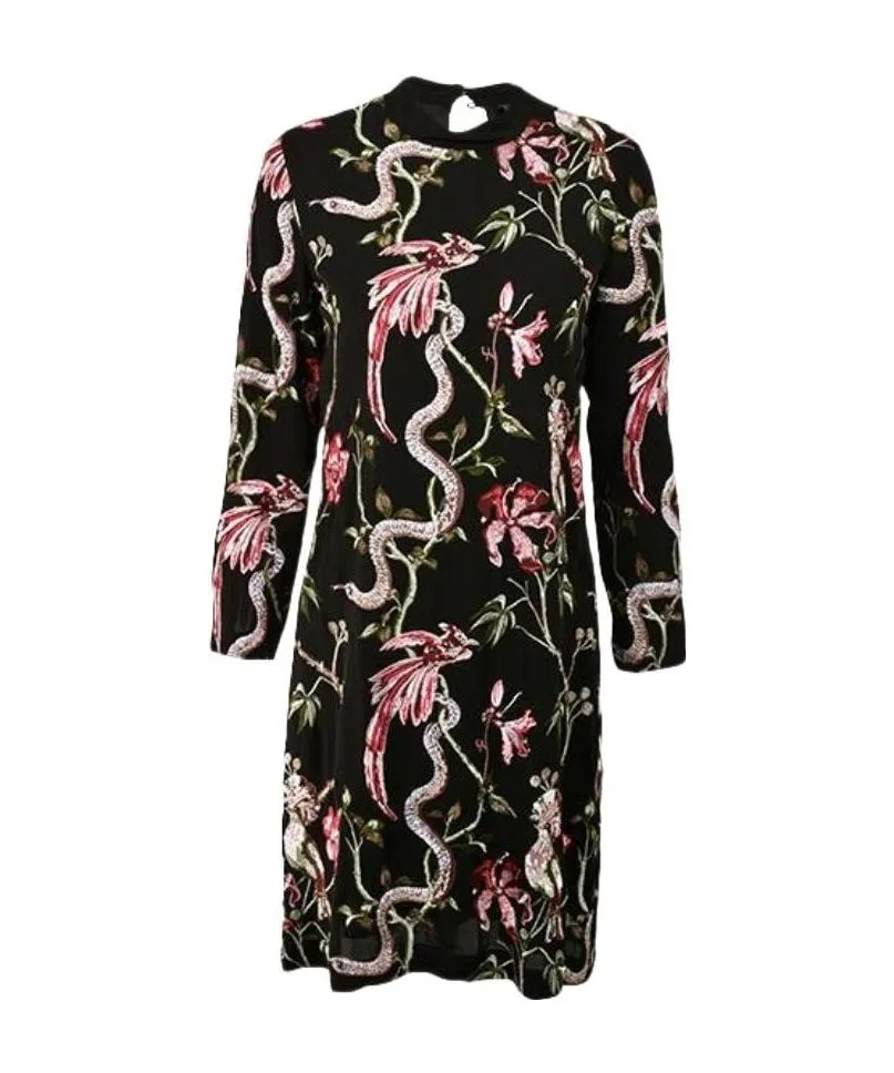 Flower-And-Bird Embroidered Long-Sleeved Dress