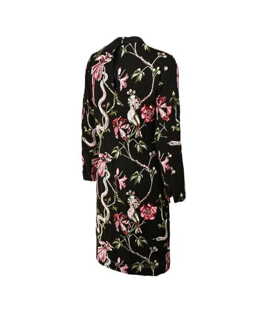 Flower-And-Bird Embroidered Long-Sleeved Dress