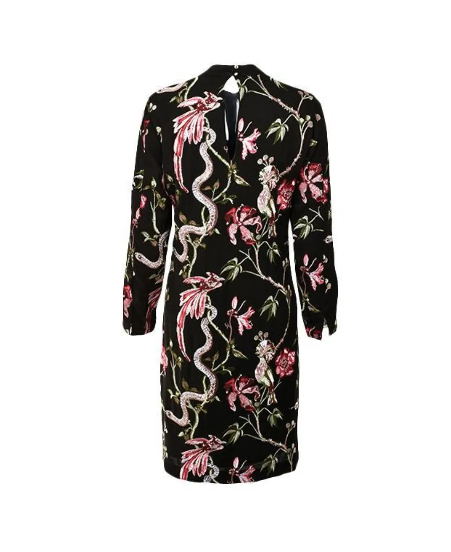 Flower-And-Bird Embroidered Long-Sleeved Dress