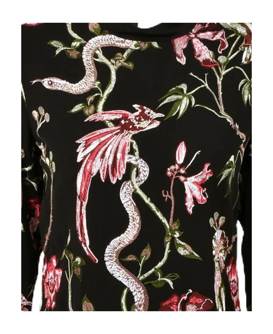 Flower-And-Bird Embroidered Long-Sleeved Dress