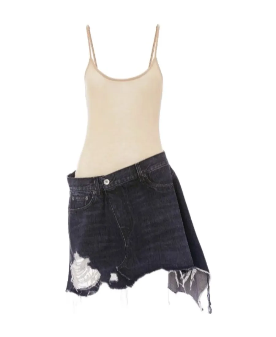 Distressed Denim-Trim Mini Dress