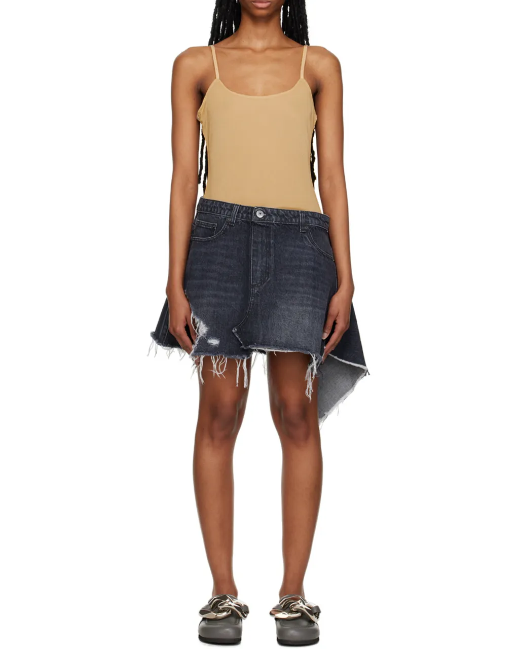 Distressed Denim-Trim Mini Dress