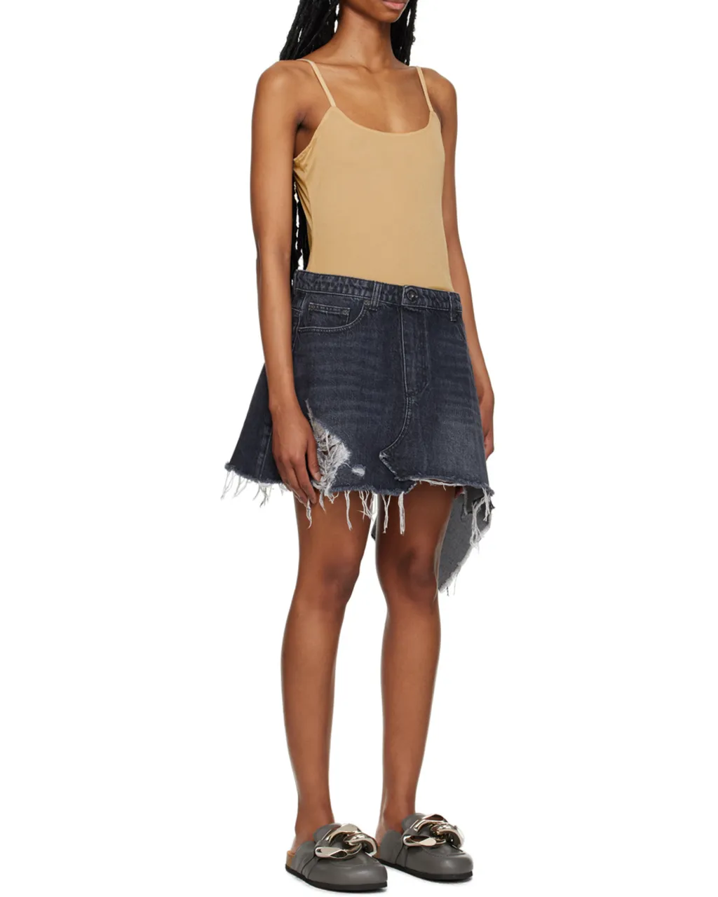 Distressed Denim-Trim Mini Dress