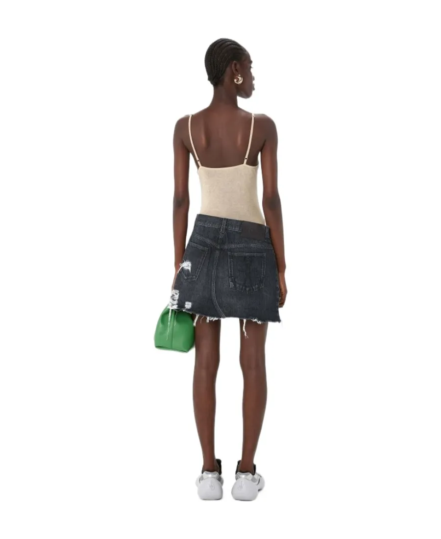 Distressed Denim-Trim Mini Dress