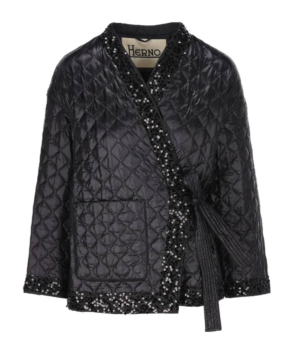 Quilted Sequin Embellished Tied-Waist Jacket