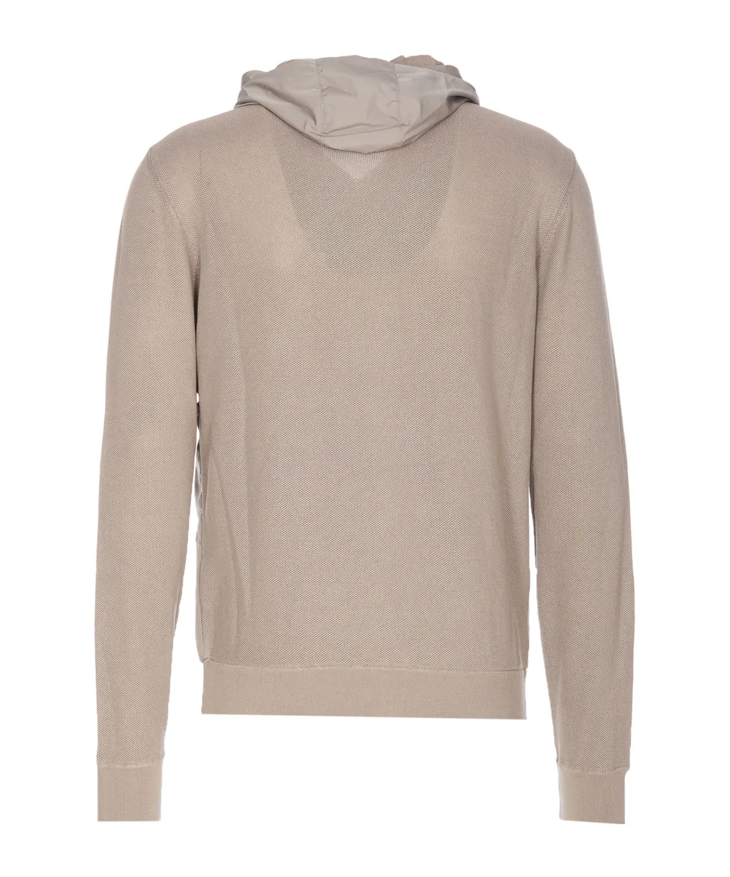 Knitted-Panelled Zipped Hooded Drawstring Jacket