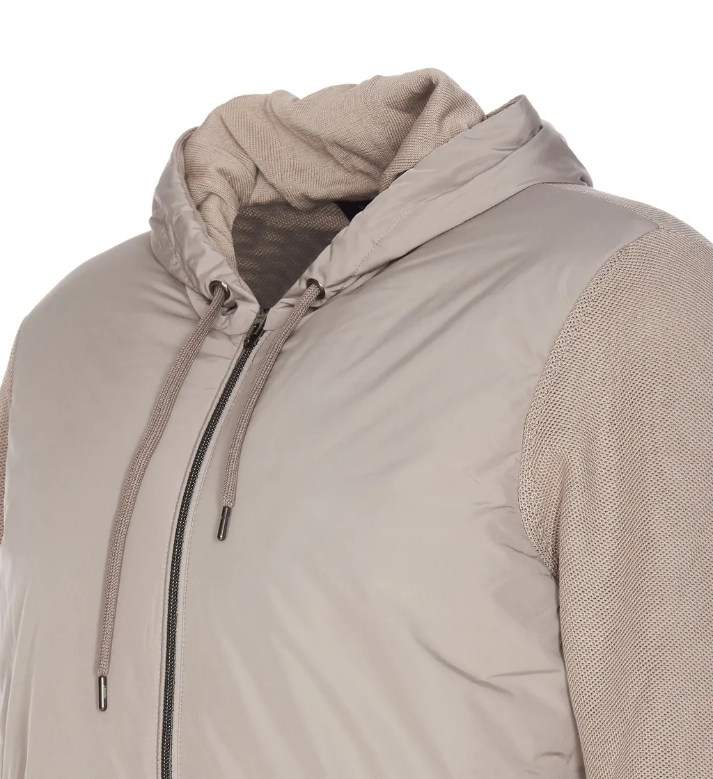 Knitted-Panelled Zipped Hooded Drawstring Jacket