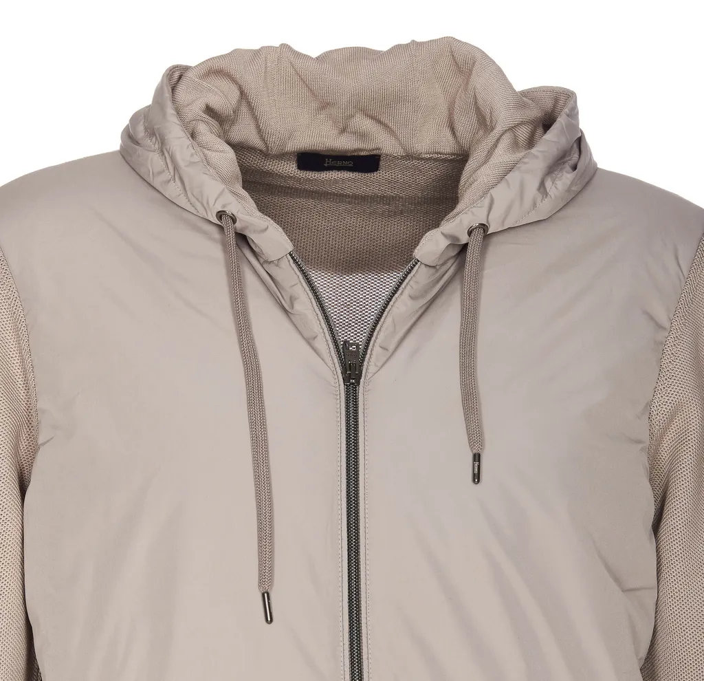 Knitted-Panelled Zipped Hooded Drawstring Jacket