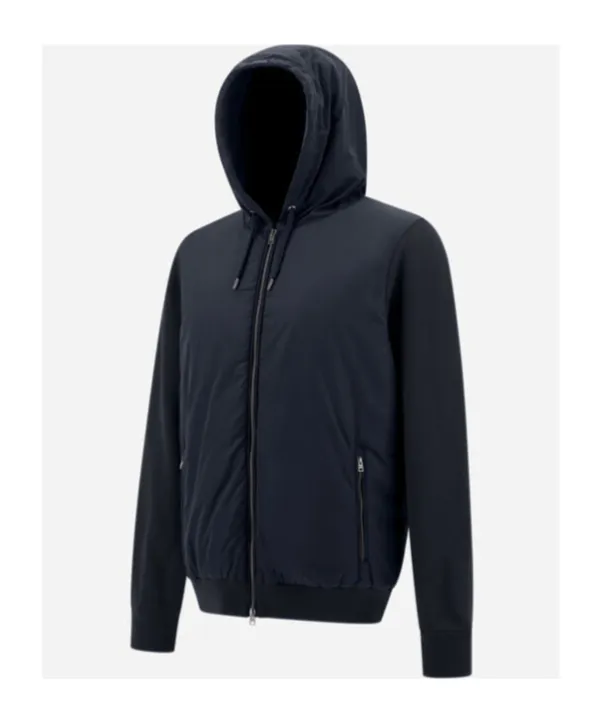 Knitted-Panelled Zipped Hooded Drawstring Jacket