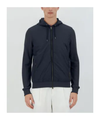 Knitted-Panelled Zipped Hooded Drawstring Jacket