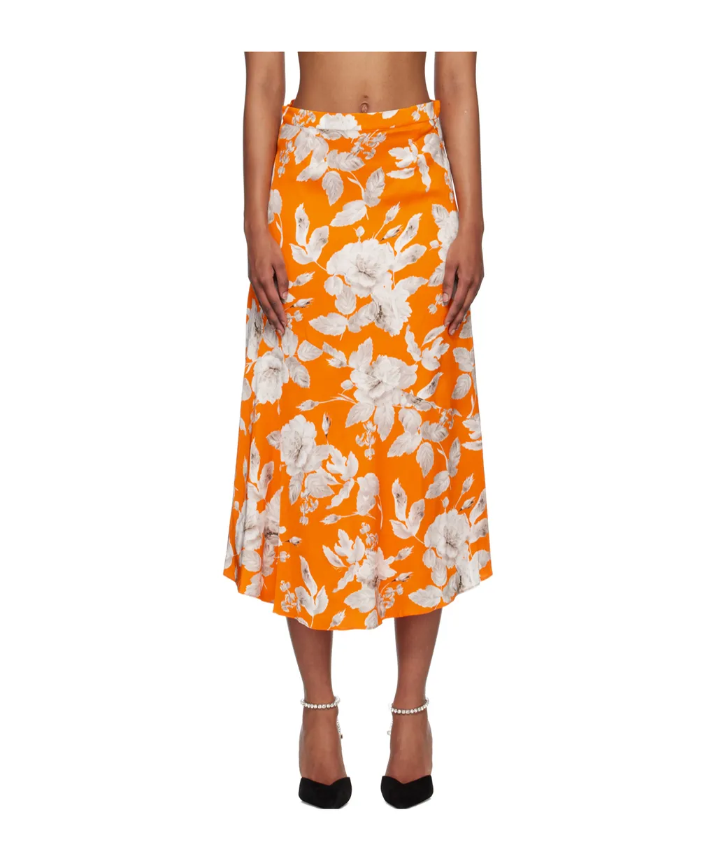 Floral-Print Satin Skirt