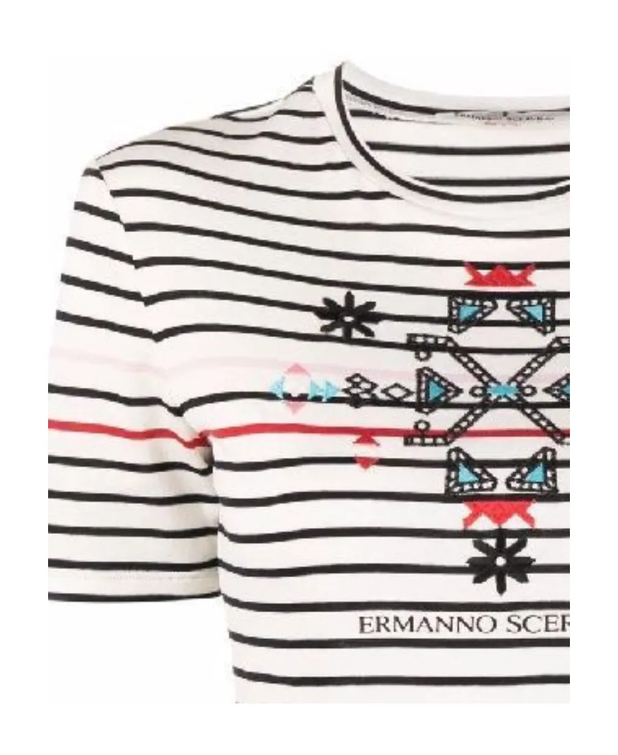 Embroidered-Design Stripy Cotton T-Shirt
