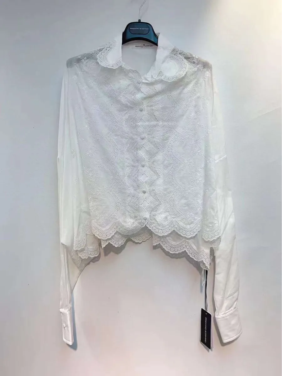 Floral-Lace Detail Drop-Shoulder Blouse