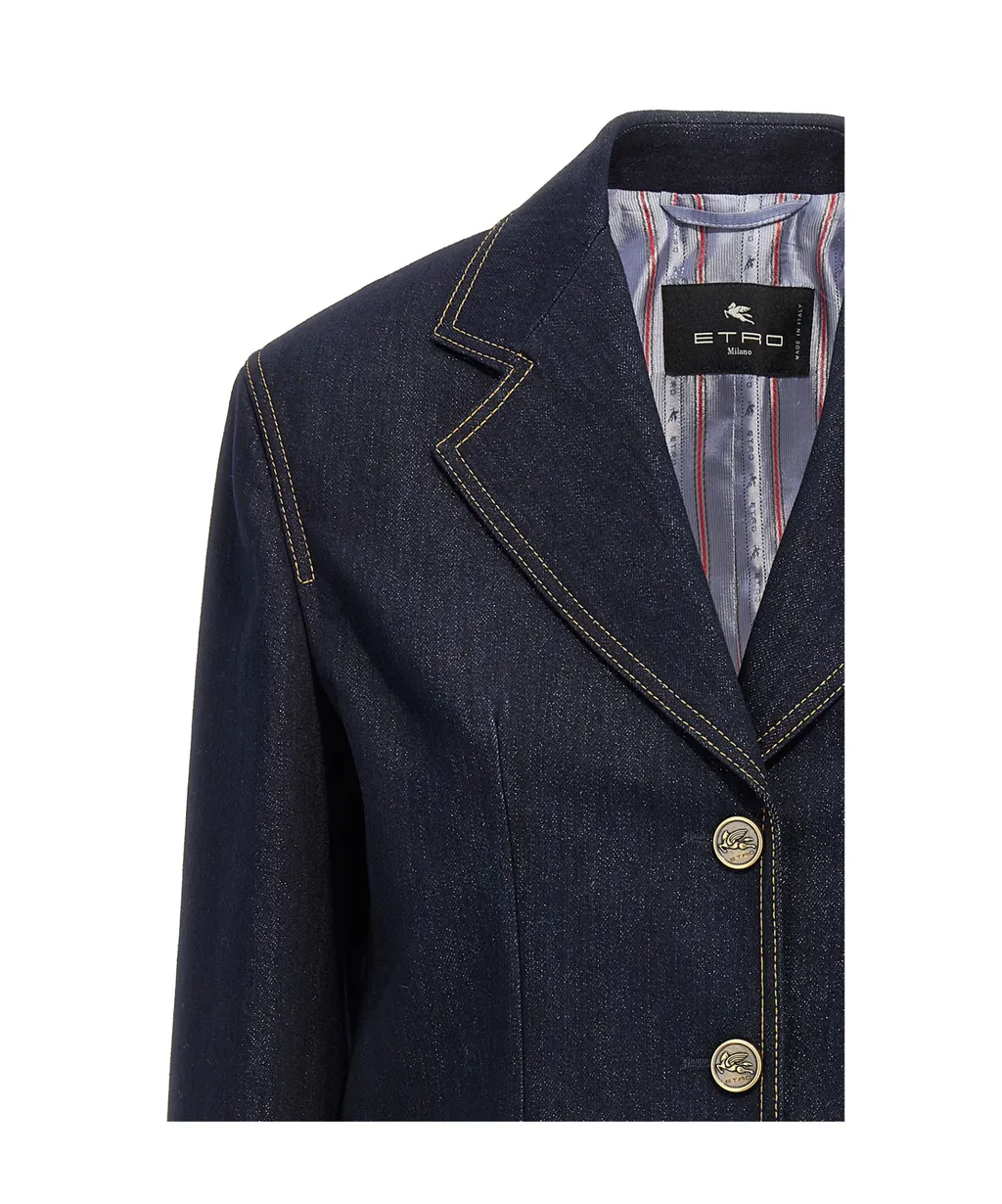 Single-Breasted Long-Sleeved Denim Blazer