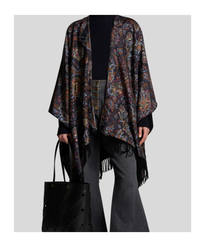 Paisley-Printed Fringed Edge Cape