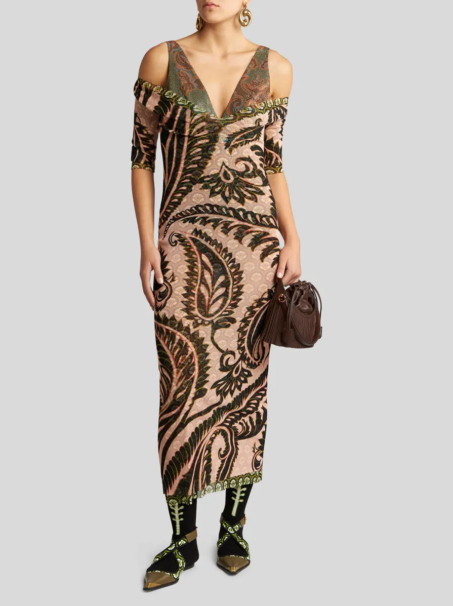 Paisley Print V-Neck Tulle Maxi Dress