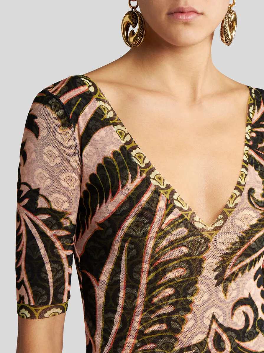 Paisley Print V-Neck Tulle Maxi Dress