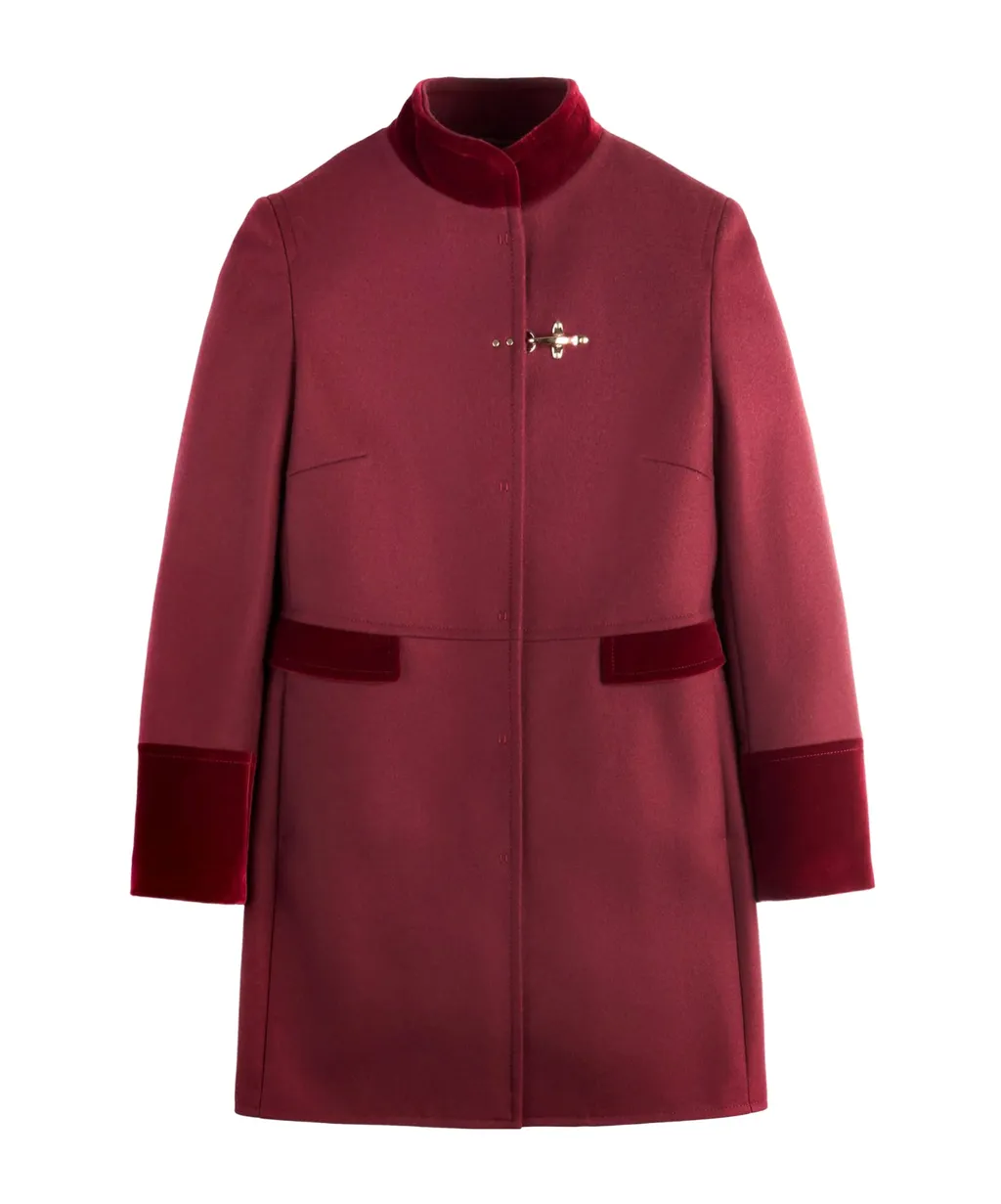 Velvet-Trimmed Wrap Collar Coat