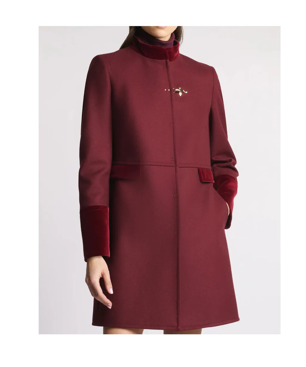 Velvet-Trimmed Wrap Collar Coat