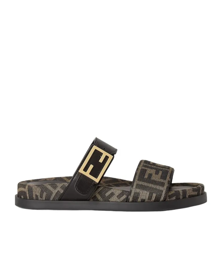 Black Leather And Brown Ff Fabric Slides