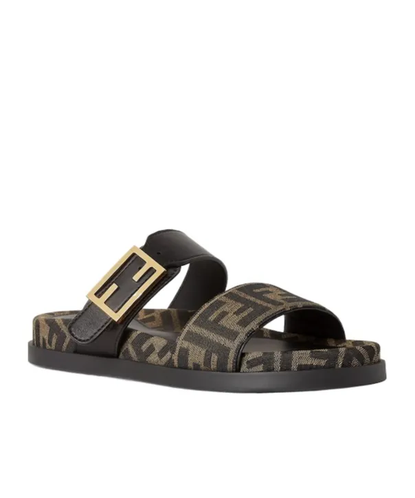 Black Leather And Brown Ff Fabric Slides