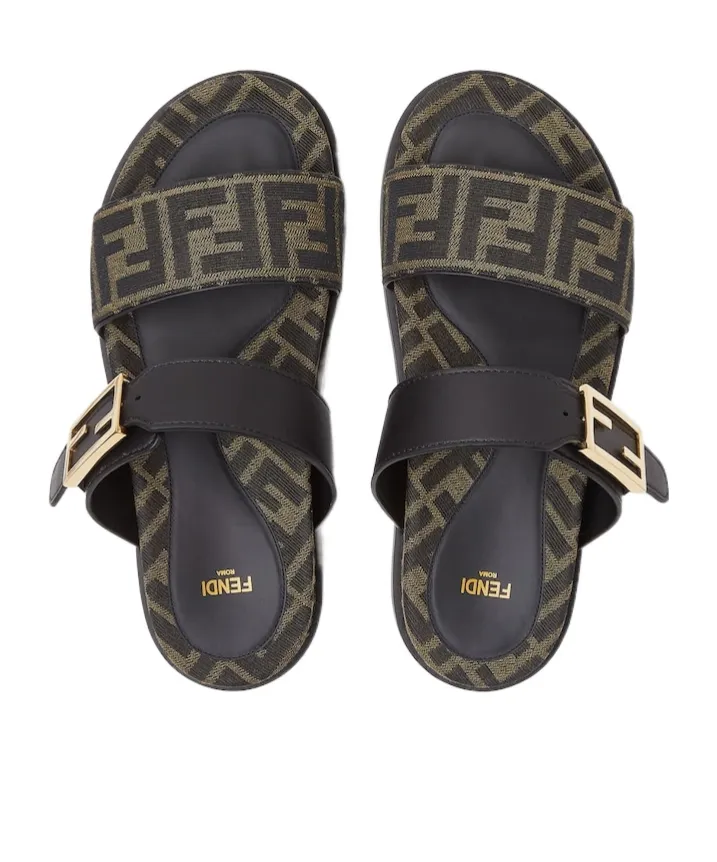 Black Leather And Brown Ff Fabric Slides