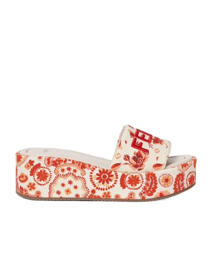 Camelia And Red Canvas Flatform Slides