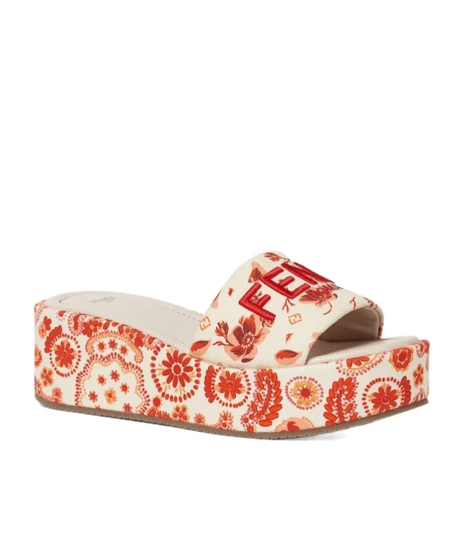 Camelia And Red Canvas Flatform Slides