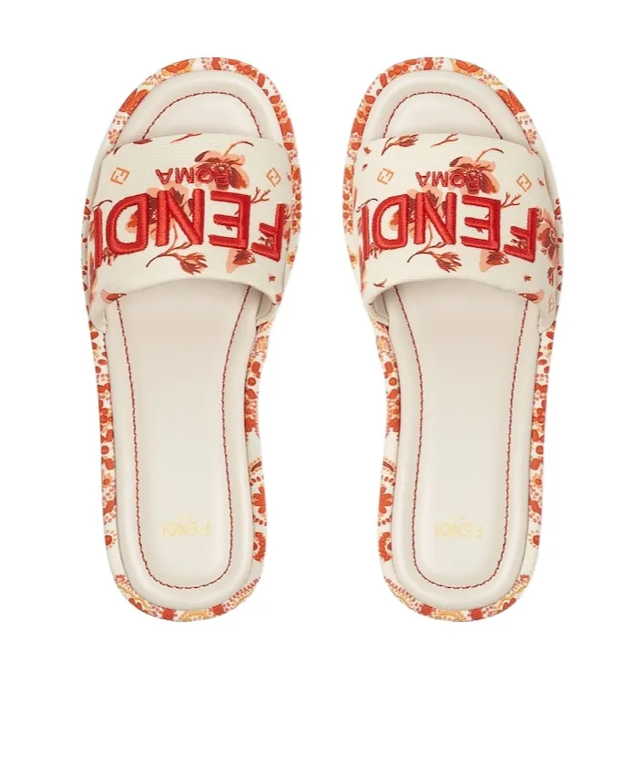 Camelia And Red Canvas Flatform Slides