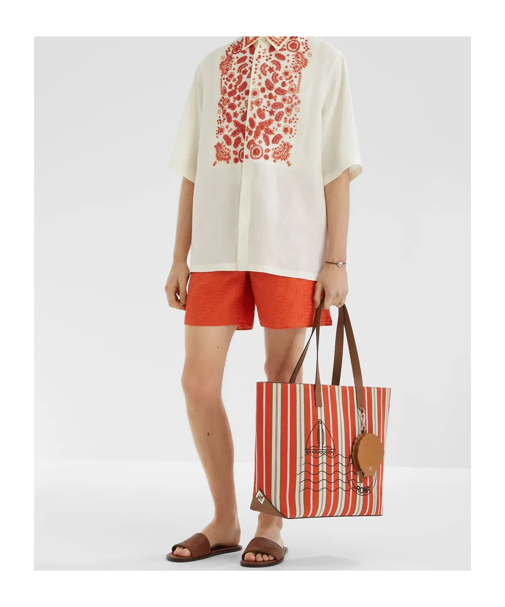 Red Linen Shorts With Ff Embroidery