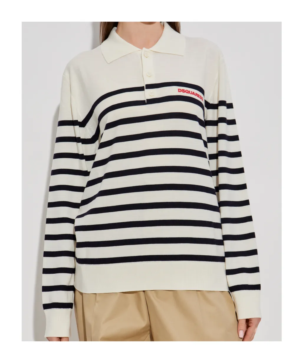 Logo Embroidered Striped Knit Polo Top