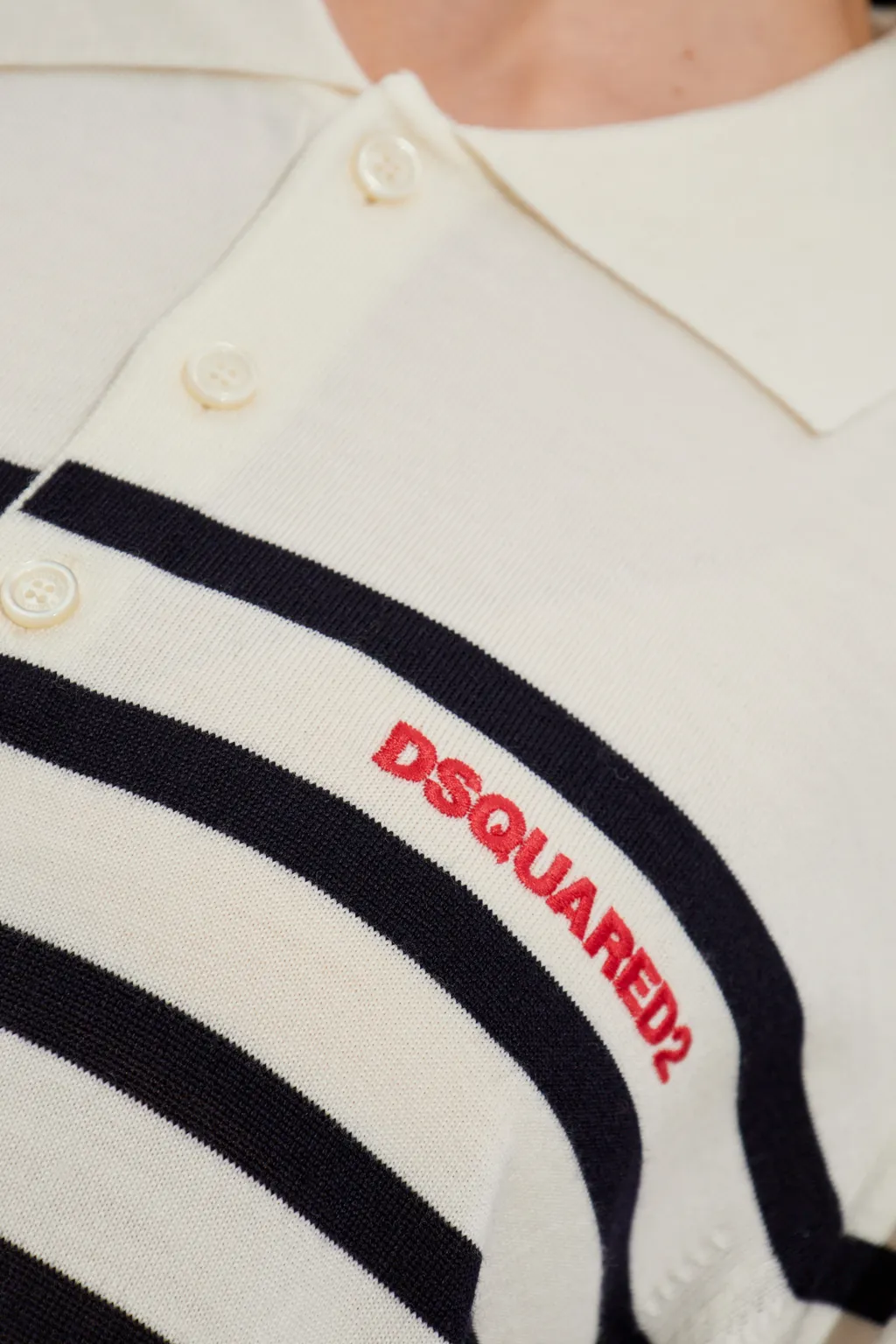 Logo Embroidered Striped Knit Polo Top